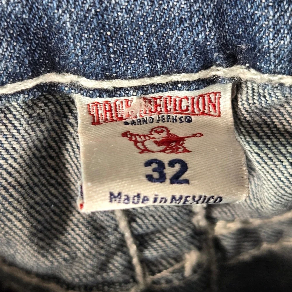 True Religion Rocco Relaxed Skinny Jeans Big T Stitch Blue Red Horseshoe 32x31